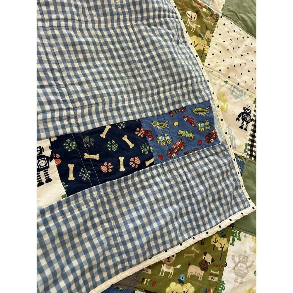 Handmade Unisex Cotton Quilted Blanket Blue Graham Dog Robots Cars Very Soft Kid